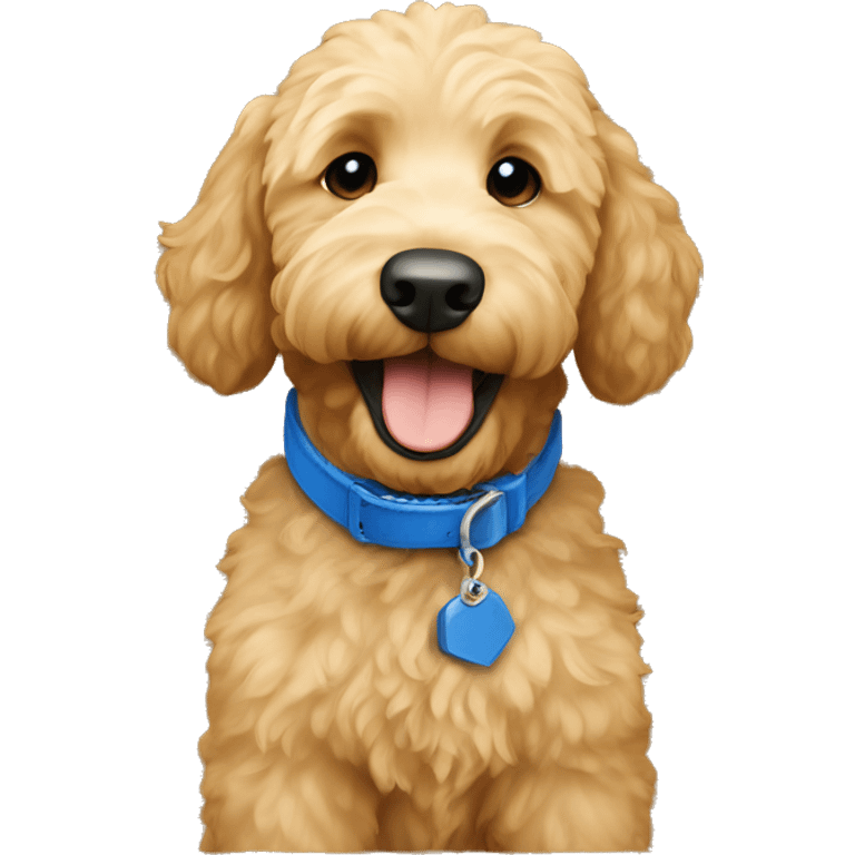 Running Goldendoodle with blue collar emoji