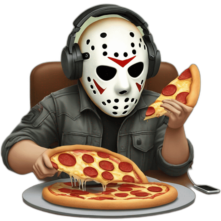 Jason voorhees recording a podcast with a mic and headphones and holding a slice of pizza in his hand emoji