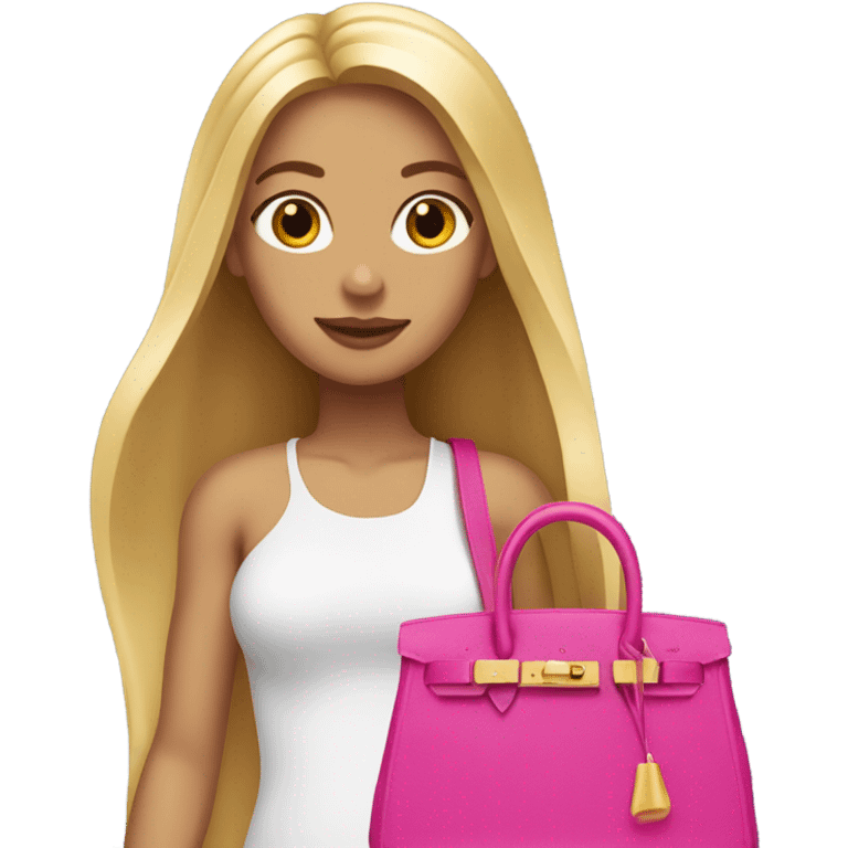 very long blonde haired girl with a pink birgin bag in her hand emoji