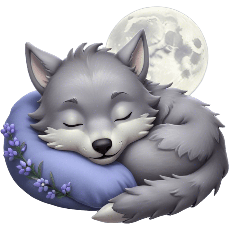 Meme-Worthy Cute Sleeping Werewolf Portrait Emoji, with a cuddly, miniature lupine form in soft moonlit grays and silvers, head resting peacefully with gently closed dreamy eyes and a small, content smile, simplified yet irresistibly endearing, highly detailed with a soft glowing outline that captures the cozy, sleepy essence of a werewolf after frolicking under the full moon! emoji