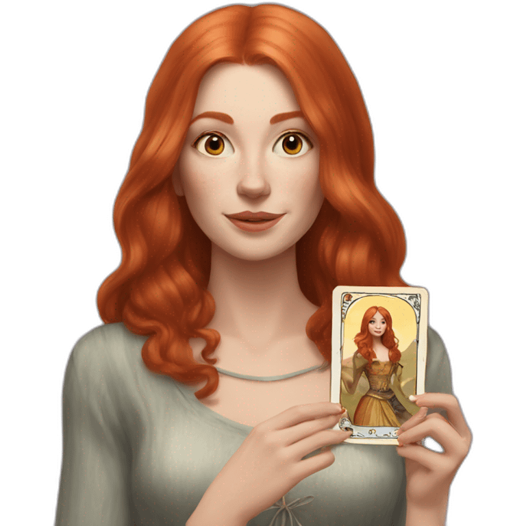 redhead white woman medium long straight hair, holding a tarot card in her hand emoji