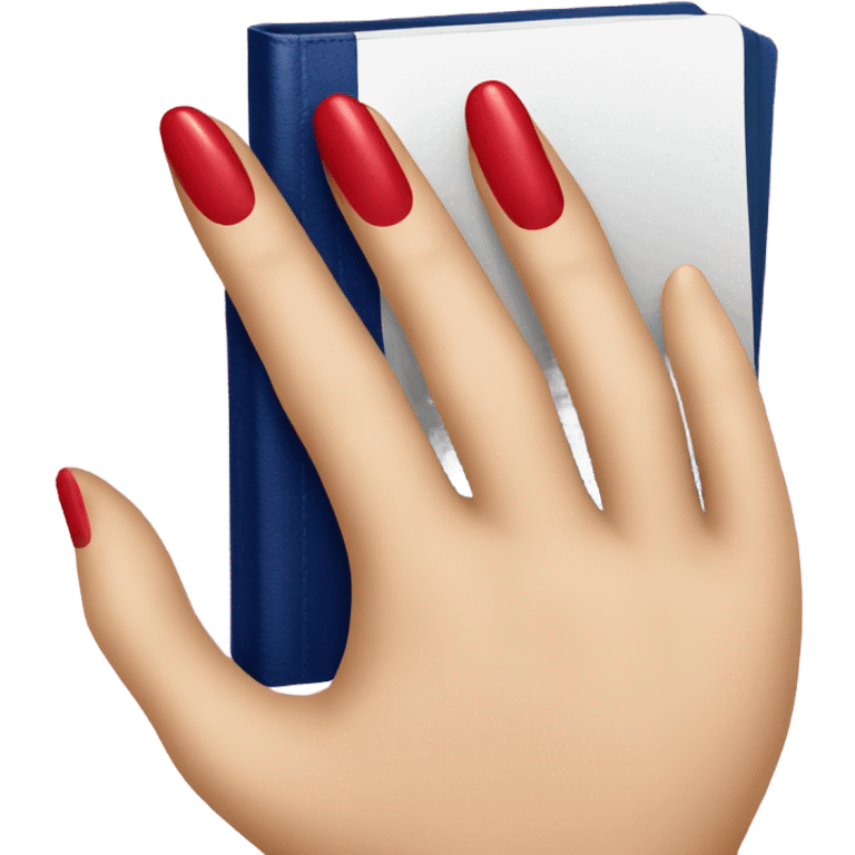 a hand with a red manicure holds a dark blue diary emoji