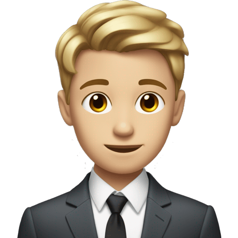 a 12 year old with a few freckles and a low taper fringe haircut that is light brown hair an sits on his head just abo and is white but 20% tanned and wearing a suit ve he eyebrows emoji