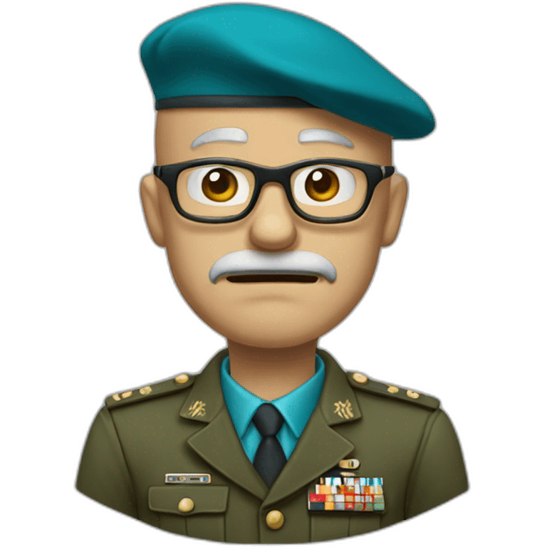 Realistic cyan beret bald very furious 50 years old man with glasses no hair furious very angry frown with khaki uniform emoji