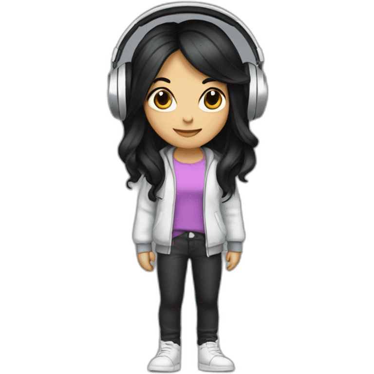 Cartoon character with long black hair, stylish outfit, silver headphones emoji