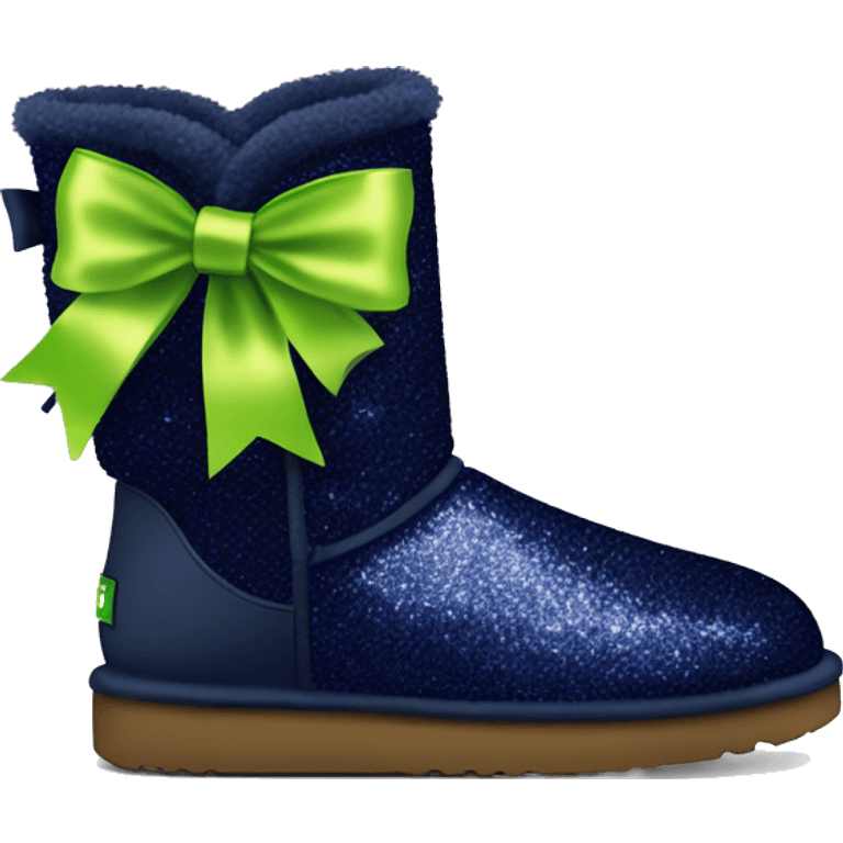 Realistic navy blue Sparkle glitter and fur Ugg boots with lime green bow. emoji