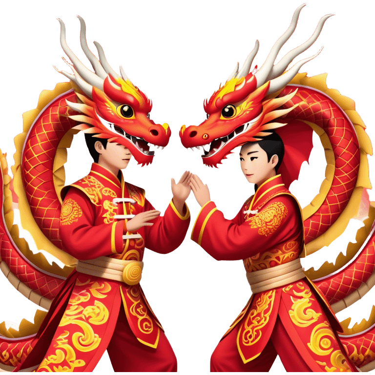 Cinematic Realistic scene of two performers guiding an elaborately designed dragon costume during a Dragon Dance, with vivid traditional patterns and dynamic motion, set under festive, red-tinged lighting emoji