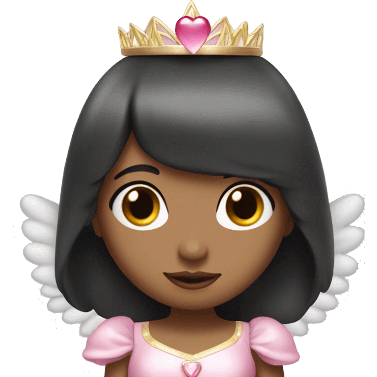 Princess with angel halo with long black hair with bang with silver pink heart tiara and pink dress emoji