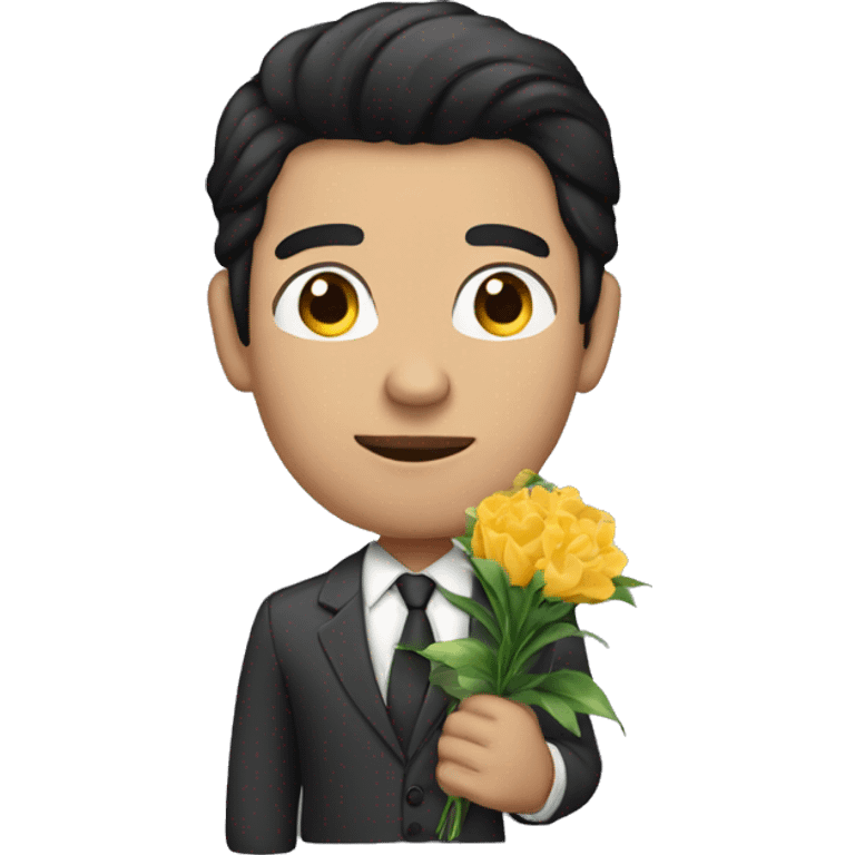 A man with black hair and fair skin in a suit holding flowers emoji