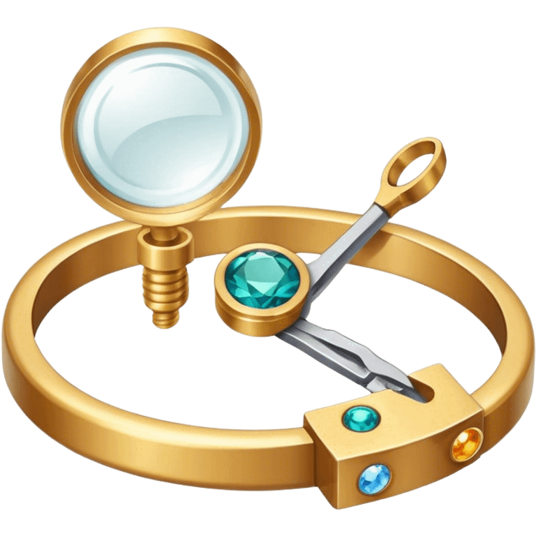 Jewelry art icon, detailed close-up of a ring or necklace being crafted, visible tools like pliers, magnifying glass, workbench with gemstones and wire, minimalistic style, clean lines, transparent background. emoji