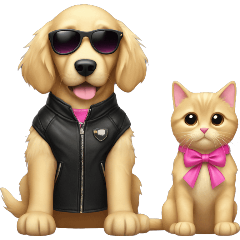 Small golden retriever wearing a pink bow next to a black cat in a leather jacket wearing sunglasses  emoji