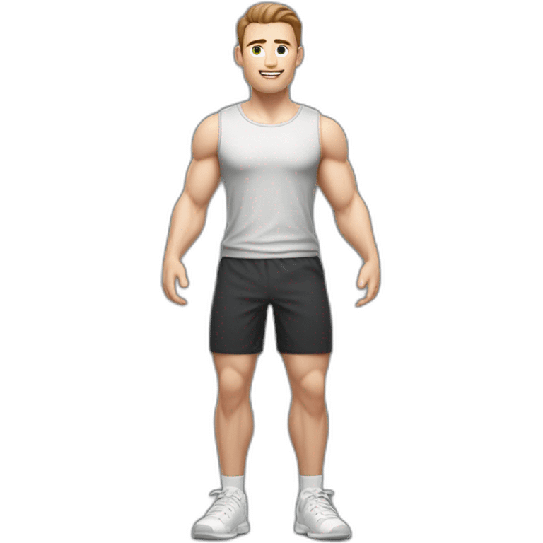 Full height Actively gesturing with hands Pale skinned Fit Man With the biceps and brown hair in dark gray Sleeveless Mike, black oversize sports shorts and white Sneakers emoji