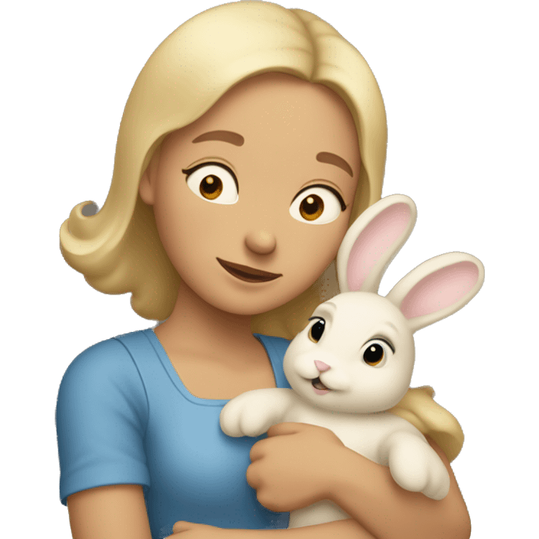 A fair complexioned lady holding beige bunny and hugging him with her eyes closed   emoji