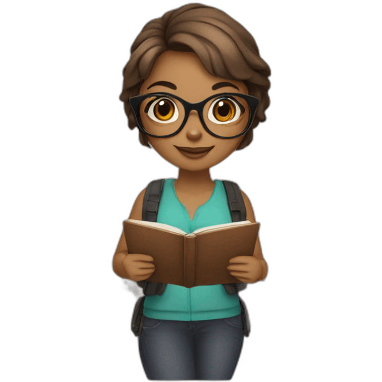 Otter girl with round glasses holding multiple journals, planners and pens emoji