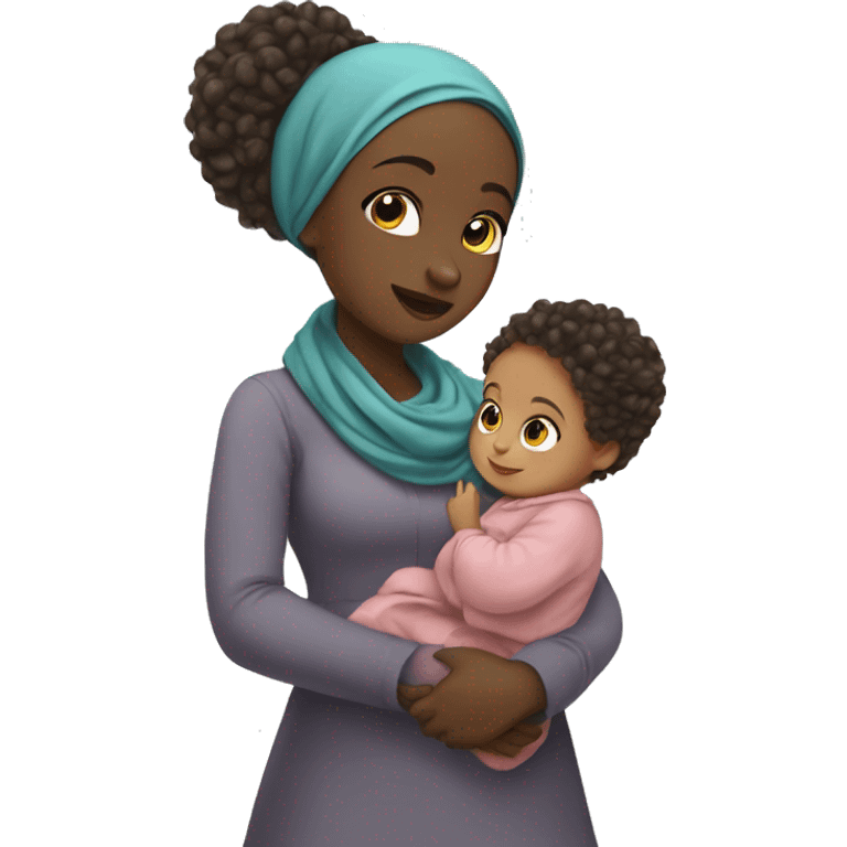 girl with Hijab carrying a curly hair baby, while holding hand with a girl toddler emoji