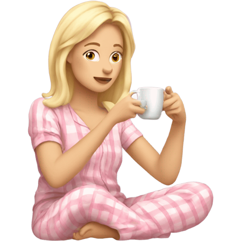 Blonde woman in pyjamas drinking tea scrolling on her phone emoji