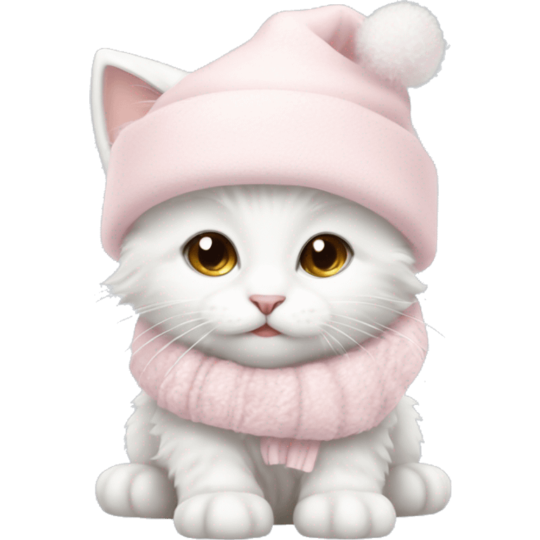 fluffy white winter kitten with pale pink christmas hat and pale pink scarf emoji