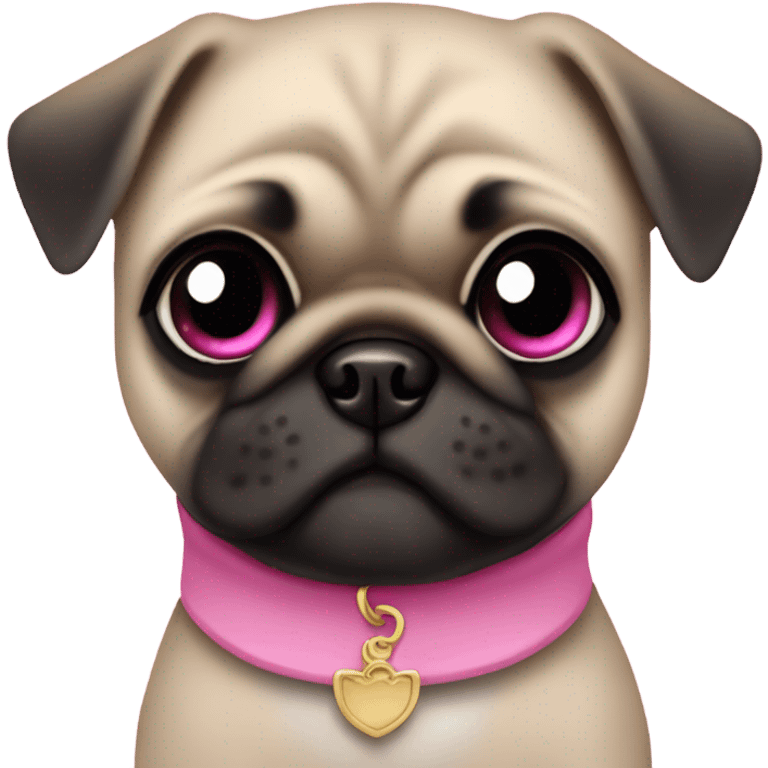 Baby pug with big pink
 eyes and pink collar
 emoji