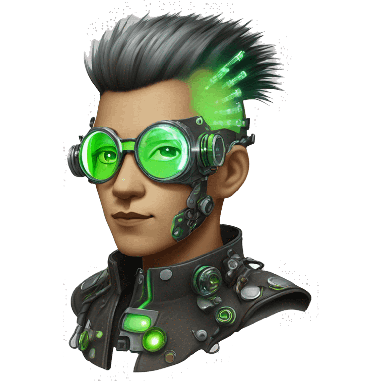 Mohawk hair with neon green highlights Asian male cyborg head with neon silver steampunk goggles and circuits emoji