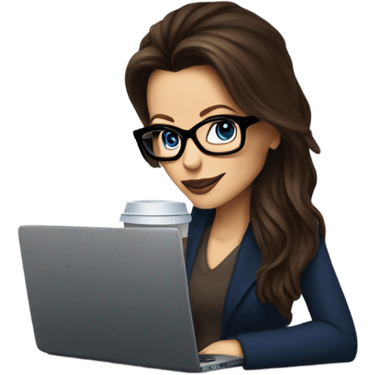 Hyper Realistic Kate Beckinsale dark blue eyes wearing glasses drinking coffee at a laptop  emoji