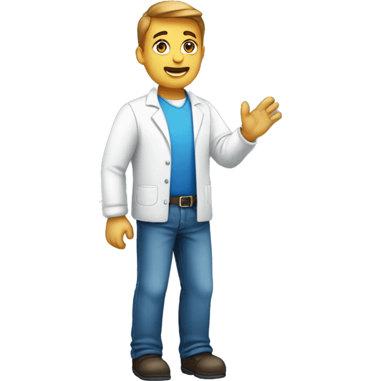 a male pharma employee, full body. waving with his right hand. Dressed with a round collar, white tshirt and blue jeans emoji