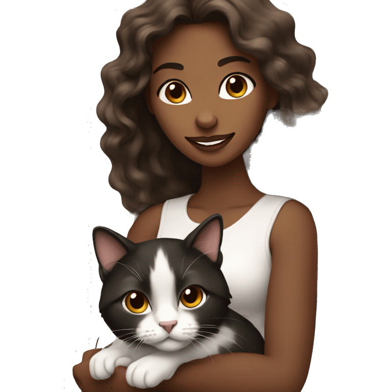 long wavy haired brown skin woman holding black and white cat emoji