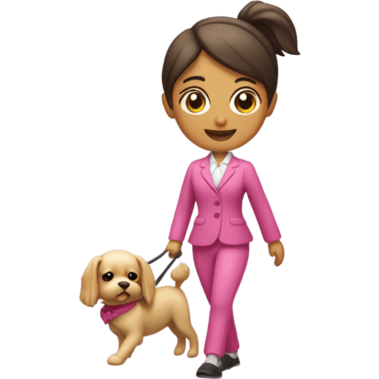 chica morecon traje rosa de pilates paseando a su perro emoji