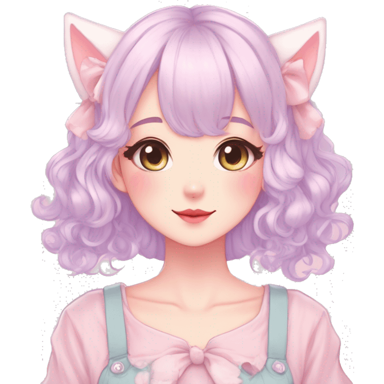 Gorgeous pastel anime style lady with blushing face and cat ears cottagecore fairycore pastelcore colorful pearly romantic simplistic aesthetic trending style full body emoji