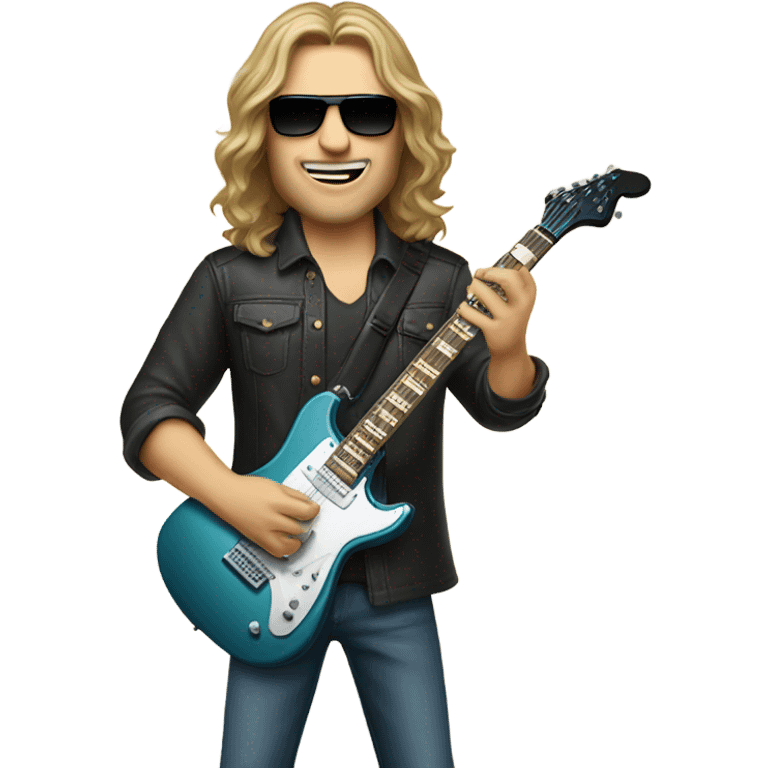 Caucasian man with long hair with sunglasses on playing electric guitar emoji