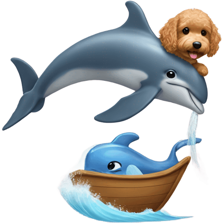 Mini golden doodle riding a dolphin  emoji