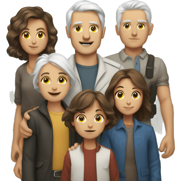 white hair man, brunet woman, five children and a border col emoji