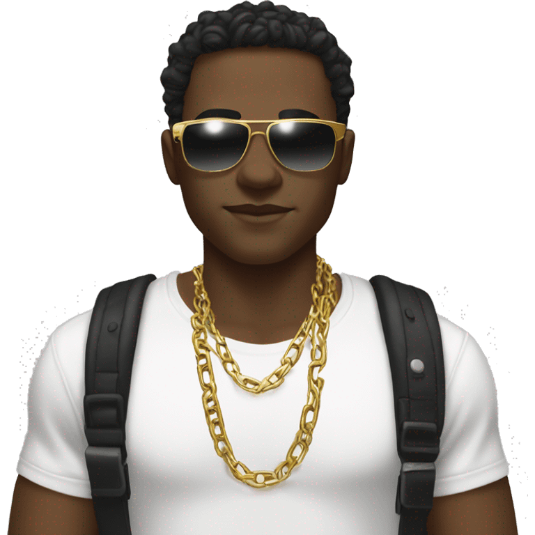 A young man with dark, wavy hair wearing stylish rectangular sunglasses, a white graphic t-shirt, a gold chain, and a black shoulder strap, with a neutral expression.
 emoji