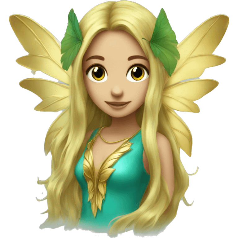 Beautiful, leaf, fairy, gold, turqoise, green, long hair, big wings emoji