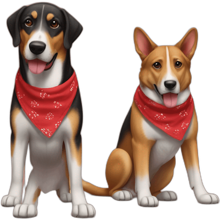 coonhound and German shepherd mix dog wearing red bandana and walking left emoji