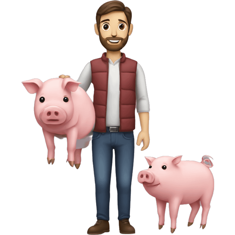 Brunette man with beard holding a pig in one hand and bacon in another hand  emoji