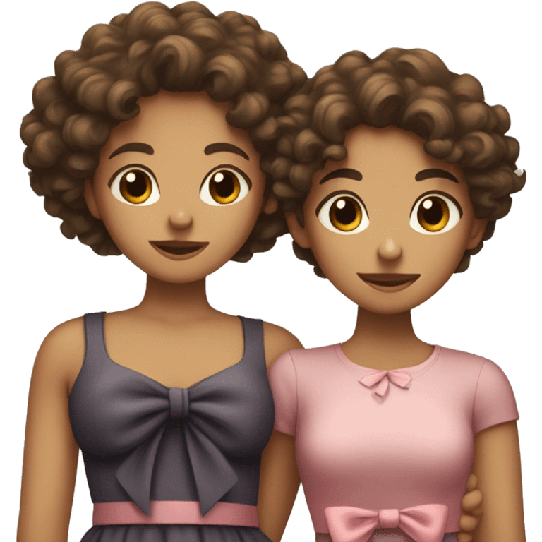 Two girls hugging one with curly hair the other strait with a bow emoji