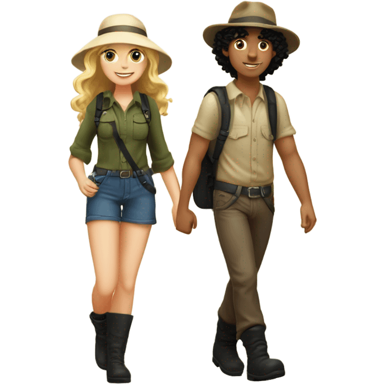 A short blonde long-haired girl in a hat and a black curly-haired boy in a hat and boots hike in the Canary Islands, boots are Caucasian  emoji