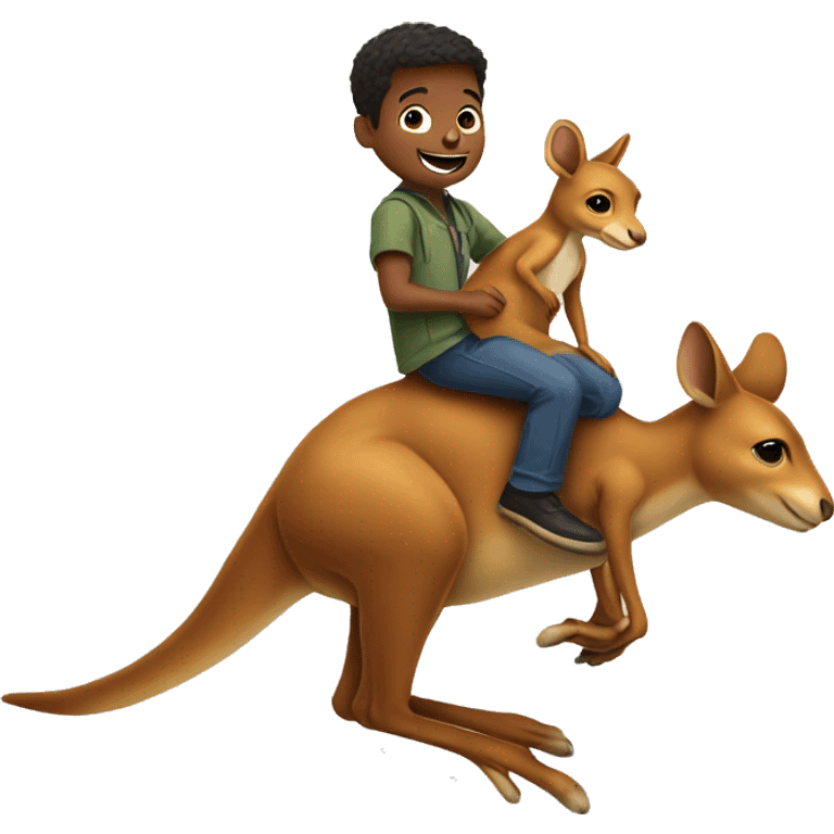 boy riding a kangaroo's back at a full hop. emoji