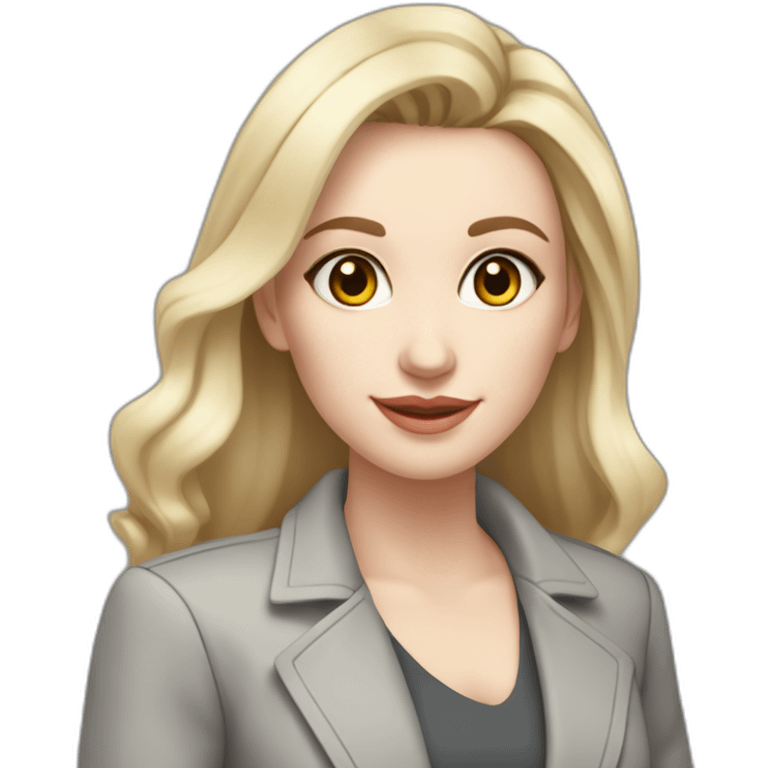 pale skin woman interior designer with cold blonde straight middle length hair, White blouse, Gray oversize jacket, Gray skirt holding a color palette in the hands emoji