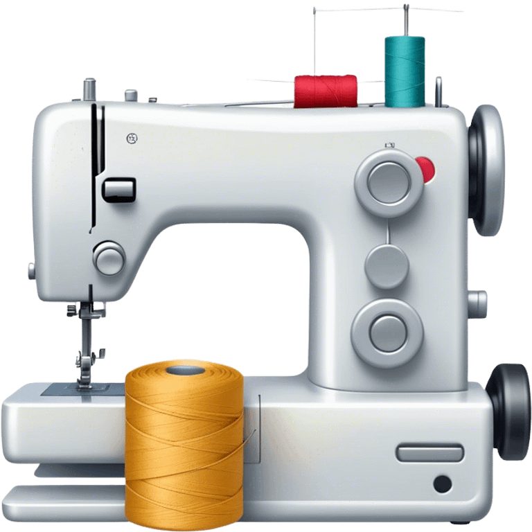 Sewing icon, sewing machine with thread, visible needle, spools of thread, fabric pieces cut according to patterns, scissors, and measuring tape, a piece of clothing in progress, minimalistic style, clean lines, transparent background. emoji