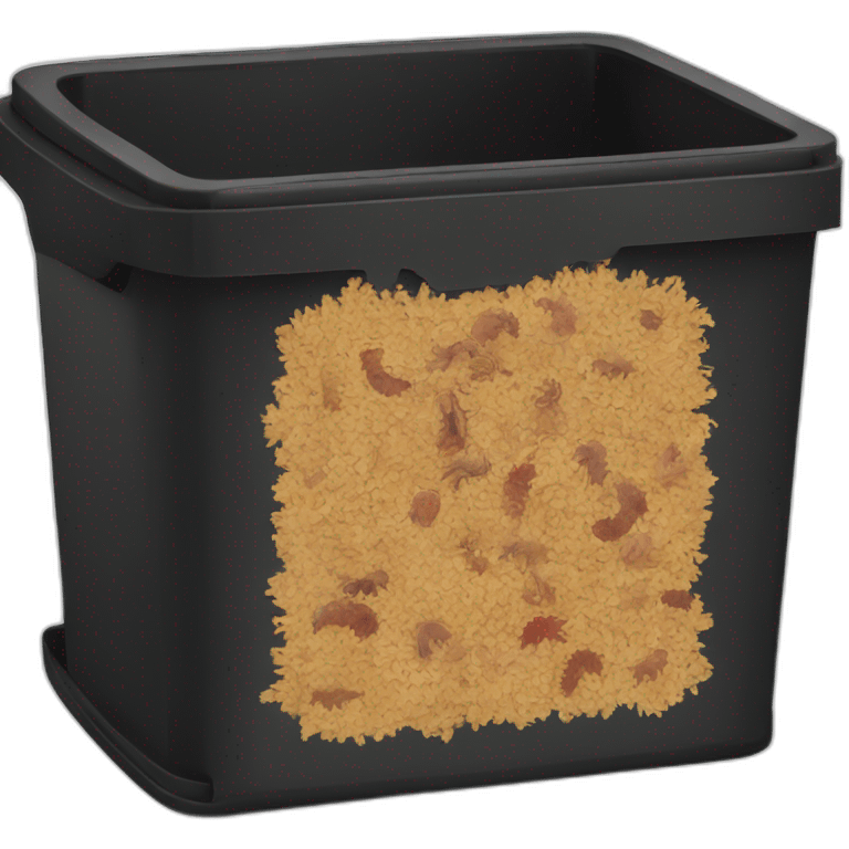 Black cubic plastic container with wood shavings and earthworms inside emoji