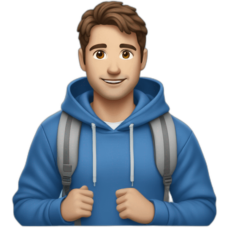 male with brown hair and brown eyes has airpods and wears a blue hoodie emoji