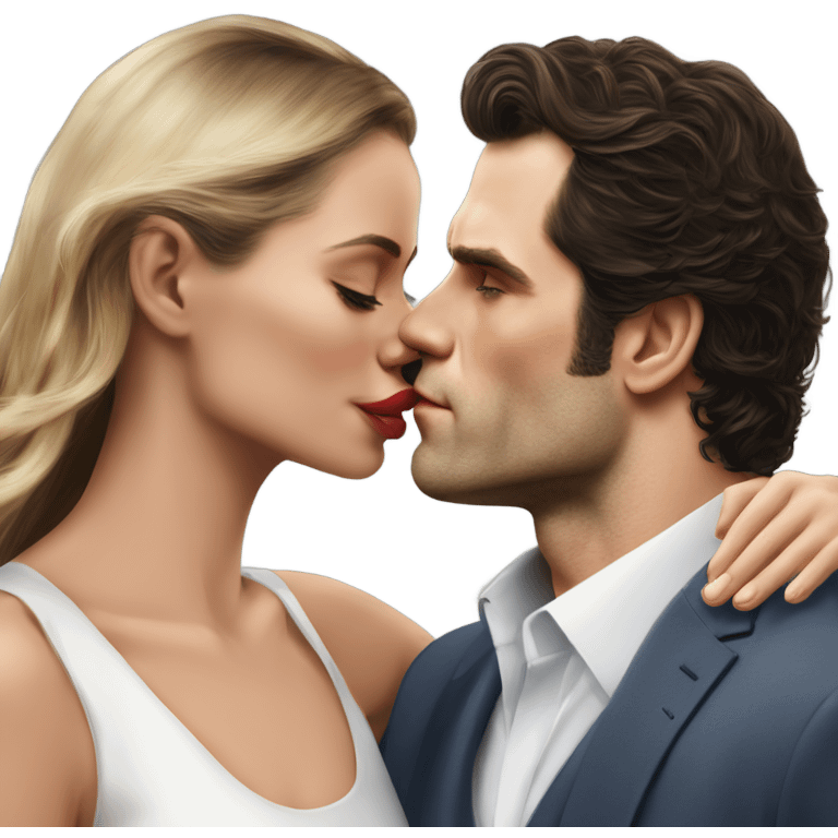 realistic photo of Henry Cavill kissing a beautiful female model while touching her cheek emoji