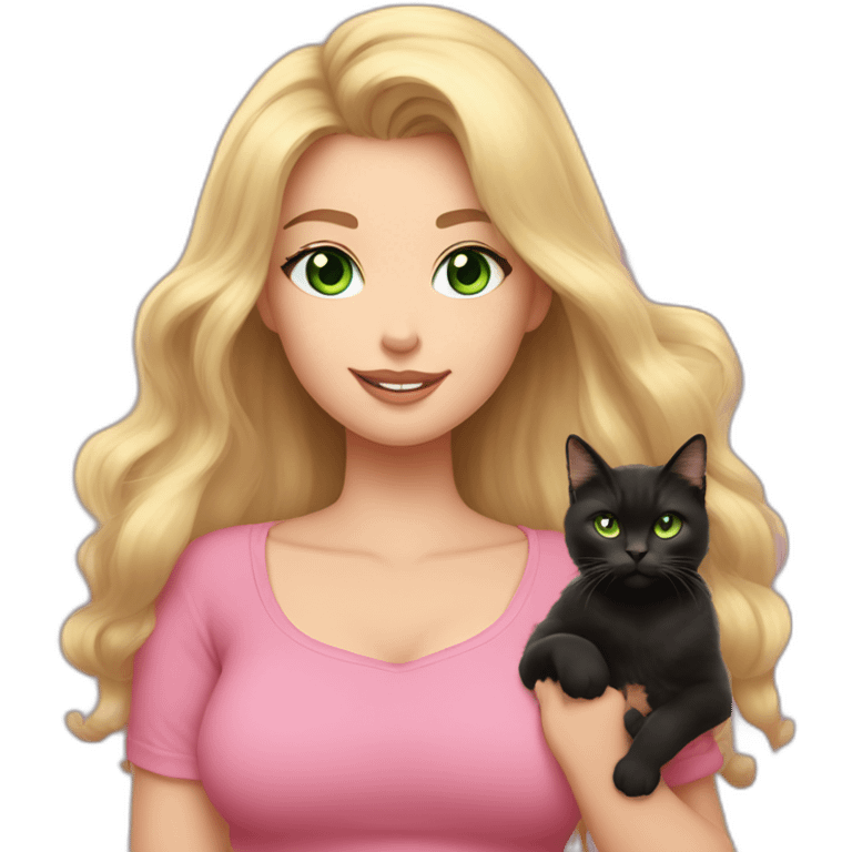 woman with green eyes and long wavy blonde hair and big boobs in a pink shirt is holding a very fluffy and fat black and tortoiseshell cat emoji