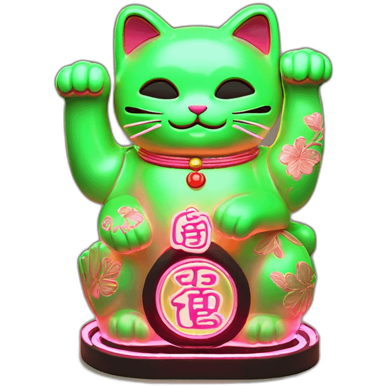 maneki neko 3d in the form of green neon sign emoji