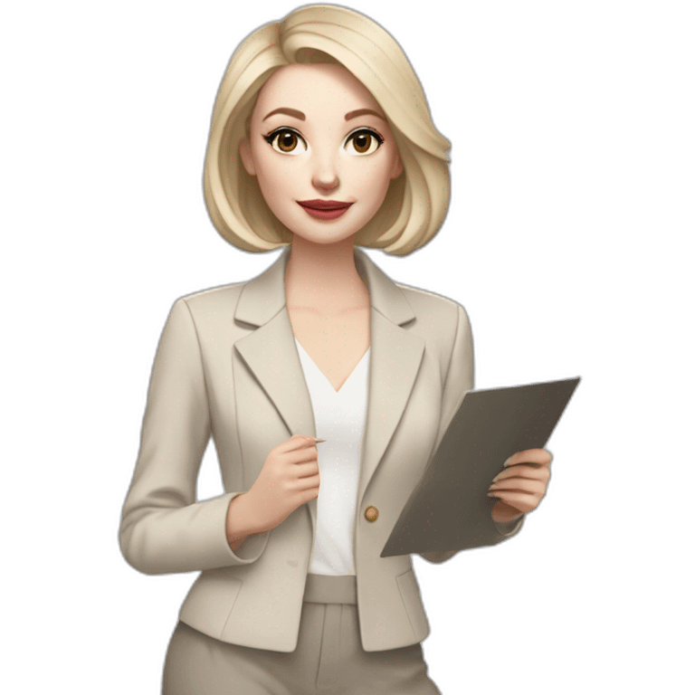 pale skin woman with ash blonde Straightened bob Hair, White Spacious classical jacket, beige palazzo Arrow pants and gray blouse holding a color palette in the hands emoji