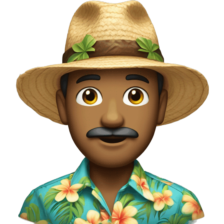 wearing a hat man, with mustache, A Hawaiian shirt, small hoop earring in one ear, light skin emoji