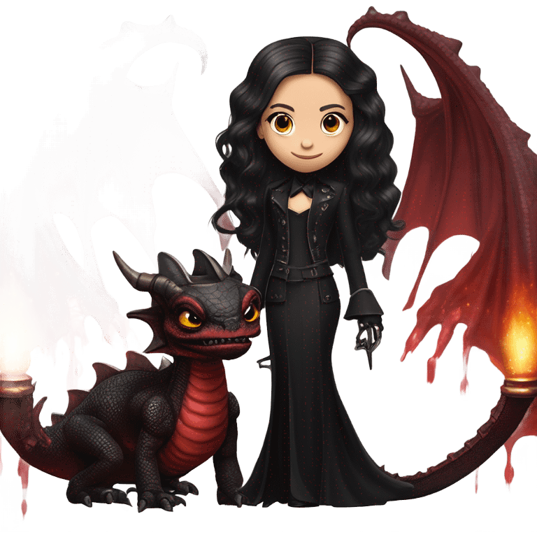 Lavish black evening gown with see-through gloves, Jenna Ortega as Addams girl Jedi wearing a steampunk mini tiara, very large blood red evil-looking horned old dragon emoji