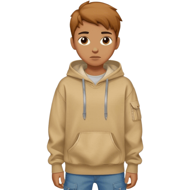 a teenage boy with caramel skin and caramel hair with a low tupper hair but shorter, shaved. baggy beige hoodie and cargo jeans emoji