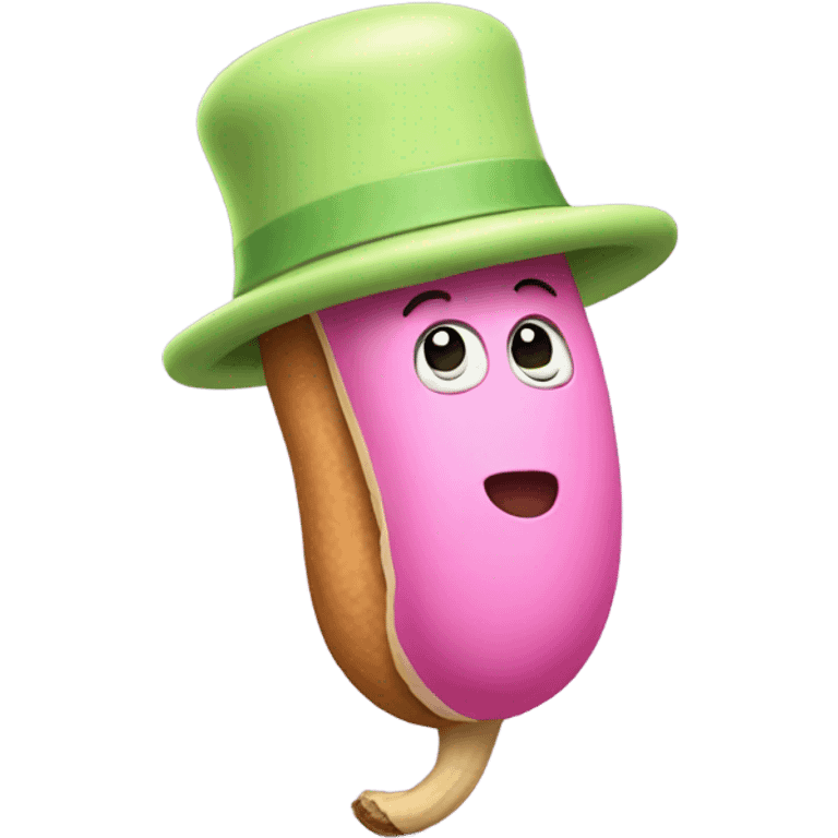 peanut with legs no arms and a pink hat with a light green emoji